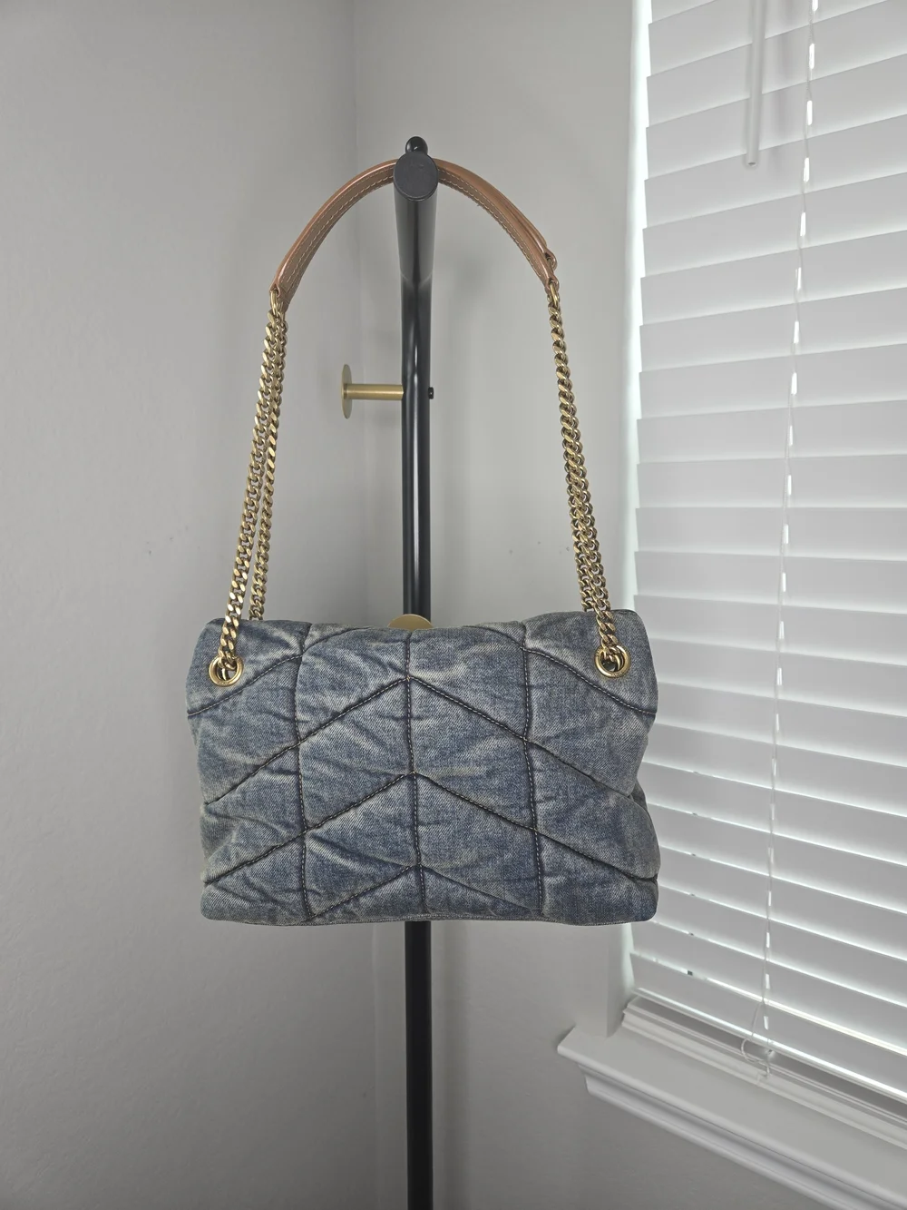 Saint Laurent Quilted Denim Shoulder Bag with Gold Chain and Tan Leather Pad - Picture 2 of 9